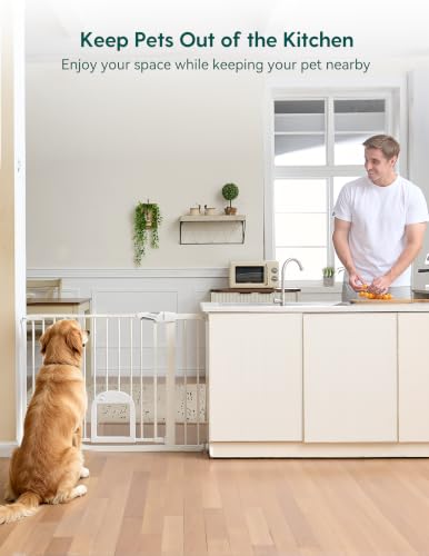 Babelio Adjustable Dog Gate with Cat Door, White, 29-43 inches Wide, 30 inches Tall - No Tools Needed
