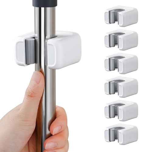 funest 6 Pack Mop and Broom Holder Wall Mount, No Drill Needed Self Adhesive, Non-Slip Mop Grippers for Tile Walls - Kitchen, Bathroom, Garage£¨White£©