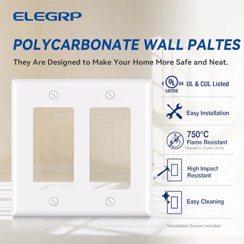 ELEGRP White 2-Gang Decorative Wall Plate Cover - Unbreakable Thermoplastic, Standard Size, 1 Pack