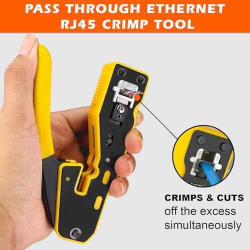 RJ45 Crimp Tool Pass Through Crimper, All in One Crimping Tool Ethernet Cable Crimper Stripper for Cat6a Cat6 Cat5 Cat5e, Cuts, Strips, Crimps Pass Through Connectors