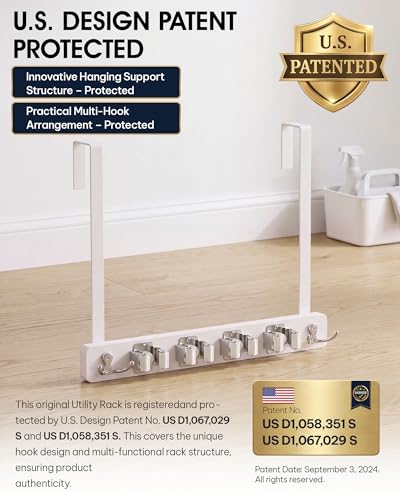 Lorbro White Door Mount Broom and Mop Holder No Drill Over-the-Door Organizer