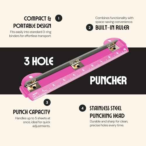 Performore 3 Hole Portable Paper Punch (Pink) with Built-in 10" Ruler, 5 Sheets Capacity, Letter-Size for 3-Ring Binders