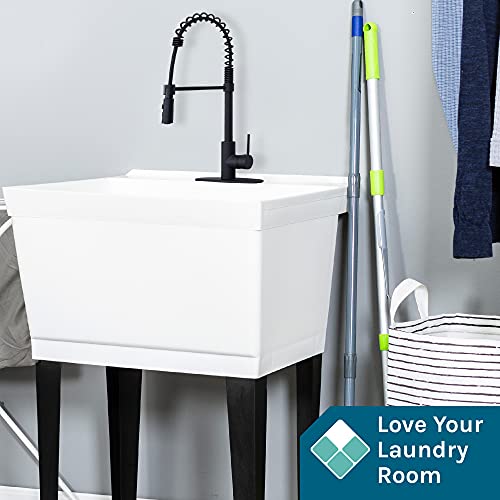 White Utility Sink with Black Pull-Down Faucet Extra Deep Laundry Tub Freestanding