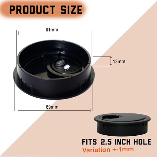 Signite Black 5-Pack 2.5 Inch Plastic Desk Cable Grommets for Wire Management