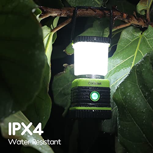 Consciot 1000LM LED Camping Lantern 4 Light Modes Dimmable, 2 Pack Light Green