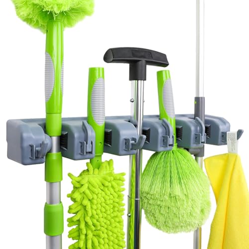 Amazon Basics Heavy Duty Wall Mount Broom and Mop Holder - 2.36 x 16.9 x 3.35 in, Gray, Tool Organizer with Hooks & Slots