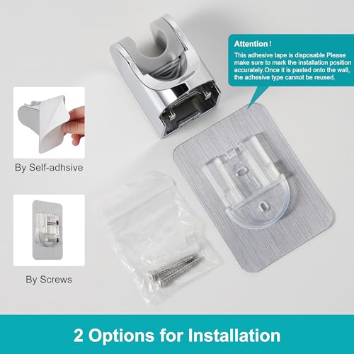 GwernKB Silver Shower Head Holder Wall Mount No Drilling Adhesive Bracket for Handheld Shower, Adjustable & Strong Grip