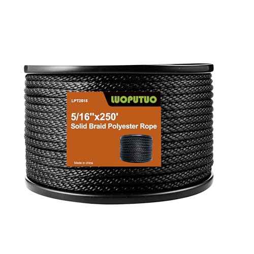 5/16 Inch 250FT Black Polyester Solid Braid Rope | High UV & Abrasion Resistance | Industrial Grade, Low Stretch | Multipurpose for Flag Poles, Clotheslines
