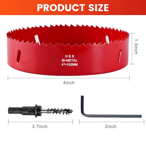 4 Inch Hole Saw with Arbor,102mm M42 HSS Bi-Metal Hole Cutter,Triangular Shank Hole Saw Drill Bit with Spring,Hole Saw Tools for Wood, Metal, Plastic, PVC, Plywood, Drywall, Fast Chip Removal