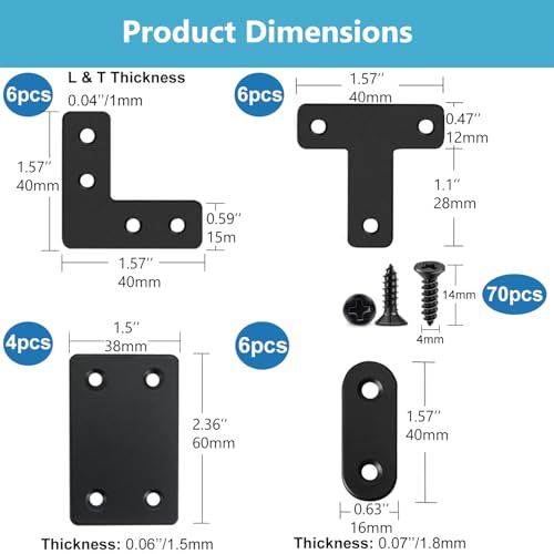 22 Pack Stainless Steel Corner Brackets Set with Screws - Flat, T, L, Square Shapes