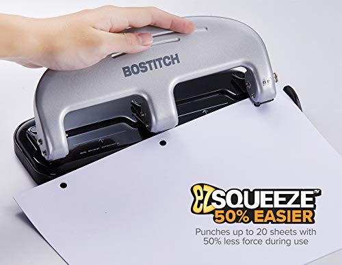Bostitch EZ Squeeze 3-Hole Punch Silver - 20 Sheet Capacity, No Jam