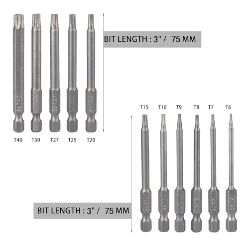 Security Torx Bit Set 11 Piece 3 Inch long Tamper Proof Star Bit Set S2 Steel 1/4" Hex Shank T6-T40 Magnetic Impact Driver Drill Bits