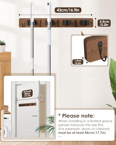 AceMining 1 Pack Wall Mount Broom Holder with 4 Hooks - Brown