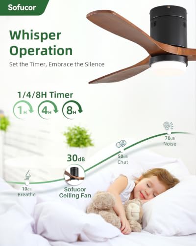 Sofucor 52 Inch Walnut Brown & Black Wood Ceiling Fan with Lights & Remote, Low Profile