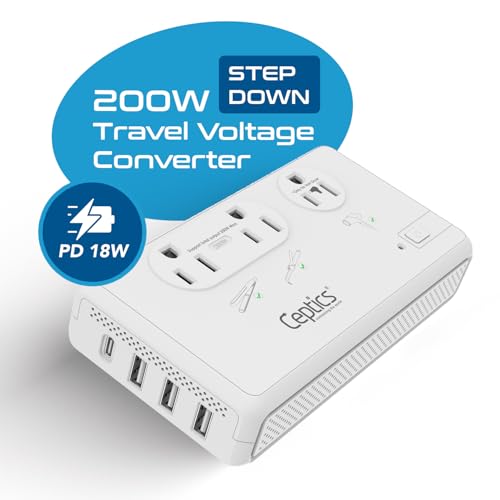 Beige Ceptics 220V to 110V Travel Voltage Converter with USB-C PD 18W, 4 USB Ports, 2000W & 2x 200W Outlets