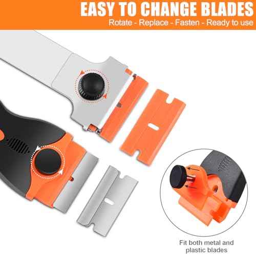 4 Pack Razor Blade Scraper, Premium Cleaning Scraper Tool with 50 PCS Metal & Plastic Razor Blades, Multi-Purpose Glass Scraper for Windows, Sticker, Decals, Cooktop, Paint Removal (Orange)