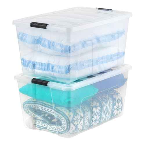 IRIS USA 94 Qt Stackable Plastic Storage Bins with Lids, 2 Pack - BPA-Free, Made in USA - See-Through Organizing Solution, Latches, Durable Nestable Containers, Secure Pull Handle - Clear