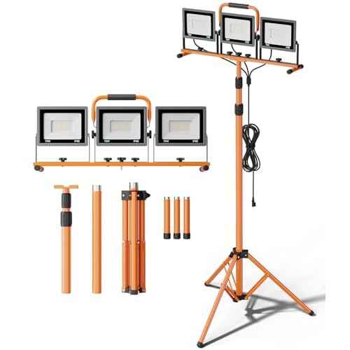 Upgraded 21000Lumen LED Work Lights with Stand - 3 Head Adjustable Work Light with 16FT Cord - IP66 Waterproof Tripod Worklights with Individual Switch for Outdoor Indoor Portable & All-round Lighting