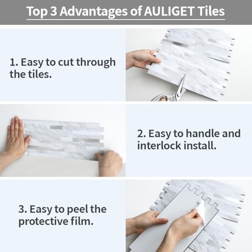 AULIGET 20 Sheets Faux Marble Peel and Stick Backsplash Tiles with Metal Silver Accents, 6x12 Inch PVC Wall Coverings for Kitchen