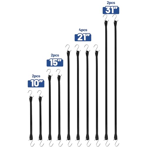 Bungee Cords with Hooks 10 Pack - 10", 15", 21", 31" Heavy Duty Rubber, Includes 2x 10" / 2x 15" / 4x 21" / 2x 31"