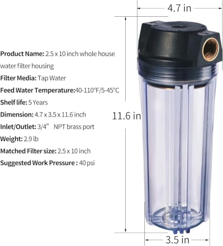 Geekpure 10 Inch Whole House Water Filter Housing - 3/4" Brass Ports, Variation 1