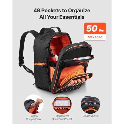 VEVOR Tool Backpack, 49 Pockets, Heavy-duty Tools Storage Organizer Work Bags Backpack with Laptop Compartment & Reinforced Fabric Base, Electrician Jobsite Backpack for Electrician, Repairman