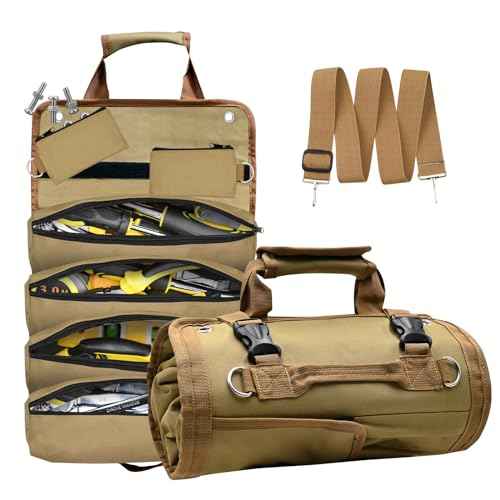 Roll Up Tool Bag, Heavy Duty Tool Roll Bag, Tool Roll Organizer with 2 Detachable Pouches, 900D Waterproof Oxford Cloth, Gifts for Dad, Men/Women, Mechanic, Electricians, Repairman, Khaki