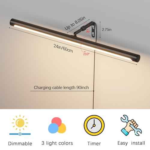 9W Picture Light Plug in, 24" Adjustable LED Art Light with Remote Control, Dimmable Wall Light for Picture Display Dartboard Art Work (Black)