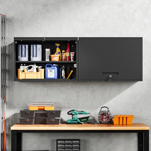 Yizosh Black Garage Wall Cabinet with Sliding Up-Flip Door - 32W x 21.6H x 16D, Heavy-Duty Steel