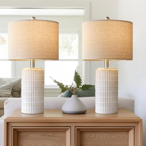 PoKat 23-Inch Modern Ceramic Table Lamp Set of 2 - Beige and White, Living Room & Bedroom Decor