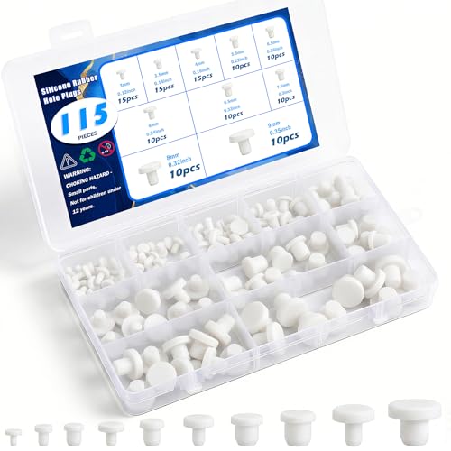 115 Pack White Silicone Rubber Hole Plugs - 10 Sizes 3-9mm T-Type Sealers