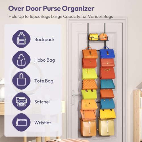 Black 9-Tier Over The Door Purse Organizer with 16 Hooks and Metal Basket