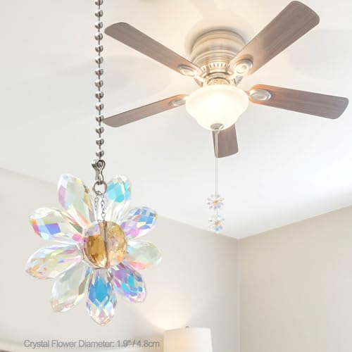 LEFERS Crystal AB Flower Ceiling Fan Pull Chain Set, 2x24in Pendant Extensions