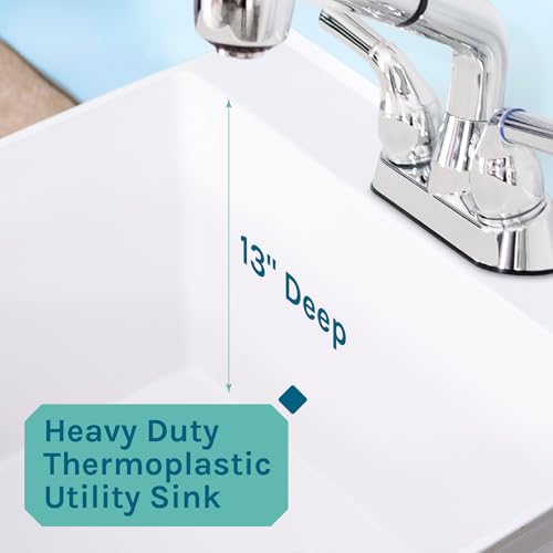 White Utility Sink Laundry Tub with Pull-Out Chrome Faucet - Heavy Duty Slop Sink for Laundry, Basement, Garage, or Workshop - JS Jackson Supplies