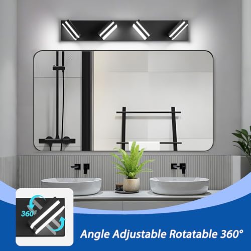 Black 4-Light Dimmable LED Bathroom Vanity Light Fixture, 360° Rotatable, Matte Acrylic Wall Mount - 24 Inch