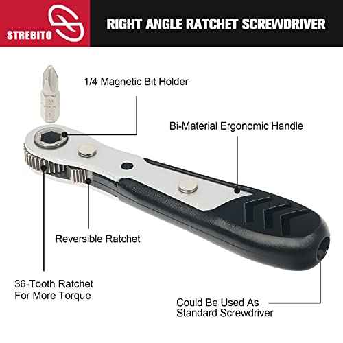 STREBITO Mini Ratchet Set 12-Piece 1/4 Right Angle Screwdriver Set - Small Ratcheting Wrench 90 Degree Offset High Torque Low Profile for Tight Spaces