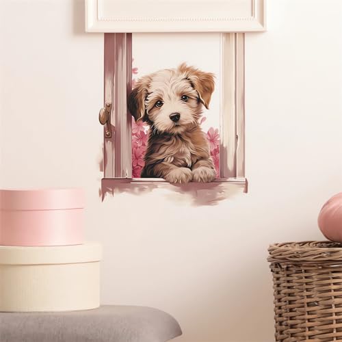 Cute Window Puppy Watercolor Wall Stickers, sacinora Cartoon Dog Fake Window Pink Flower Wall Decals Removable Vinyl Peel and Stick for Kids Baby Nursery Living Room Bedroom Door Art Decorations