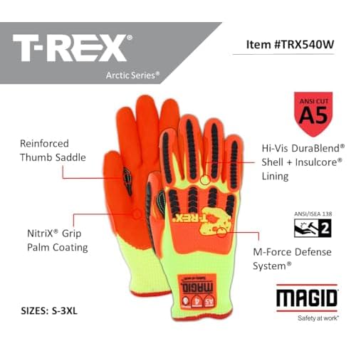 MAGID T-REX Arctic Series ANSI A5 Cut-Resistance, Thermal Impact Gloves, 1 Pair, Waterproof, Hi-Viz Yellow/Orange, Size 8/Medium