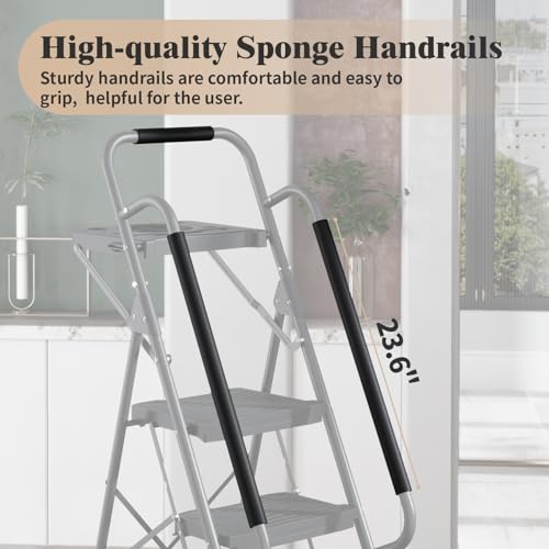 KINGRACK 5-Step Ladder with Tool Tray & Handrails, Folding Steel Safety Step Stool for Home & Garage, 900 lbs Capacity