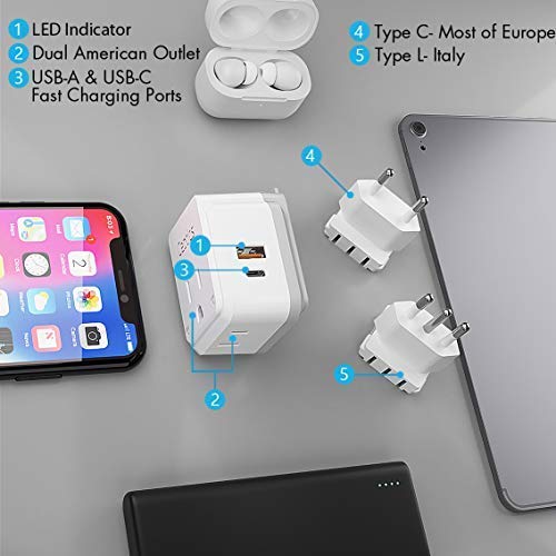 Ceptics Paper White Italy Travel Plug Adapter Set USB-C 20W PD-QC 18W for Europe & Chile