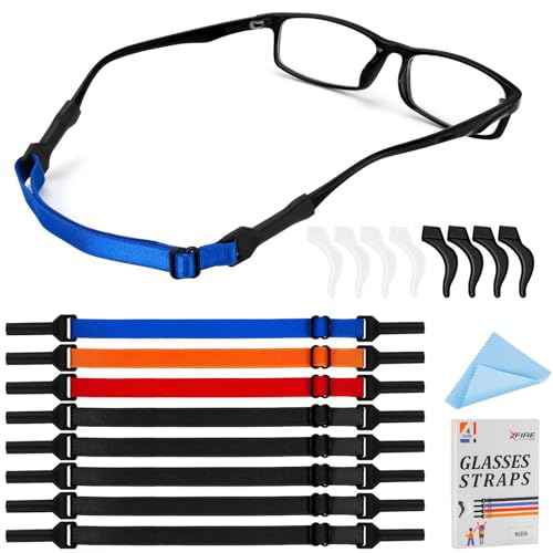 Glasses Strap - 8 Pcs Big Kids' Adjustable Eyeglasses Strap - No Tail Eyeglasses Holders Around Neck for Women's With 4 Pair Ear Hooks & Eye Cleaning Cloth, Sunglasses Eyewear Retainer(8-13in)