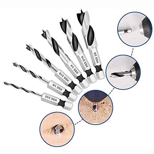 6Pcs Brad Point Drill Bits Stubby Drill Bit Set for Wood |Spiral Twist Bit 1/4" Quick Change Hex Shank | 4241 High Speed Steel | for Quick Change Chucks and Drives