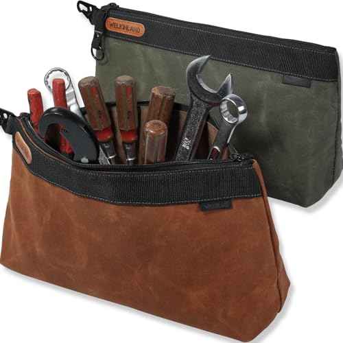 WELKINLAND 2Pcs-Set Tool Pouches, Heavy-Duty Waxed Canvas Tools Pouch, 14-Inch Tool Organizer Pouch, Waterproof Zipper Tools Pouch, Durable Canvas Tool Zipper Pouches