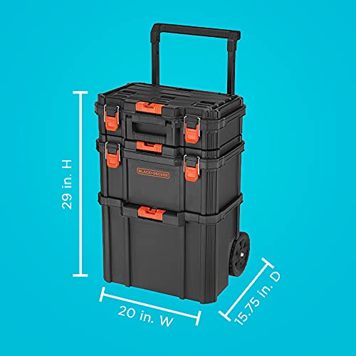 Beyond BLACK+DECKER Stackable Storage System - 3 Piece Set with Rolling Tote, Deep & Shallow Toolboxes - Portable Organizer