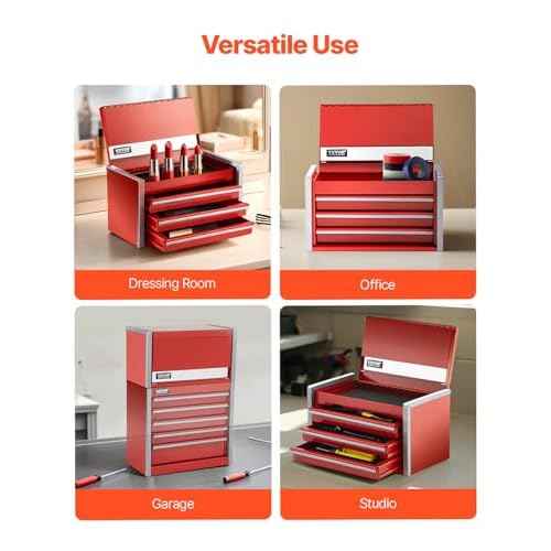 VEVOR Metal Tool Box, 8.6-inch, Portable Metal Tool Box with 3 Drawers, Small Tool Chest with EVA Liners and PP Feet Pads, Heavy-Duty Steel With Ball Bearing Opening and Powder Coated Finish, Red