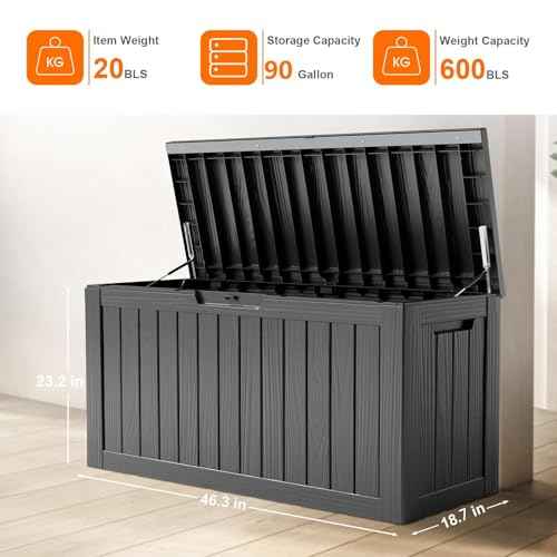 90 Gallon Resin Deck Box, Lockable Patio Outdoor Storage Box for Furniture, Garden Tools and Tools Storage, Waterproof Outside Storage Box - Black