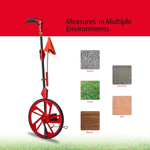 JIZHGRAD Distance Measuring Wheel with 12.5” Wheel, Red Mechanical, 9999.9 Ft, Flags & Carry Bag