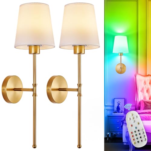 Depuley Gold Wall Sconce Set of 2 - 24 Inch Rechargeable Wireless LED Wall Lights with Remote, 15 Colors & Dimmable Bulbs, Bedroom Living Room Decor