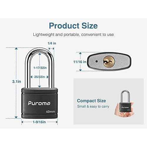Puroma Keyed Padlock with 2 Keys Alike, 1.8 Inch Locker Lock 40mm Heavy-Duty Locks for Gate Fence Hasp Cabinet Toolbox School Gym Locker (Black)