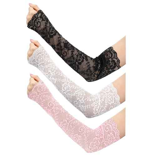 UV Protection Lace Arm Sleeves, 3pcs Long Laces Solid Gloves Fingerless, Women Sexy Lace Floral Sleeve Arms, Summer Cooling Laces Arm Mesh Sleeves for Driving Wedding Prom Dress Outdoor